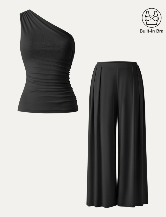 2Pcs Set Regular Wide Leg Palazzo Pant with Pockets & Ruched Bra Tank