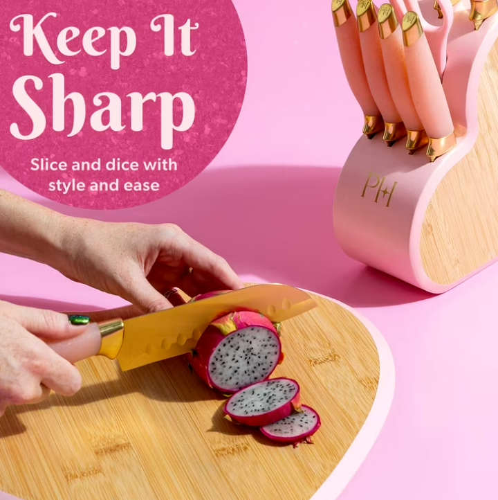 Paris Hilton 10-Piece Stainless Steel Kitchen Knife Set with Heart-Shaped Block, Pink