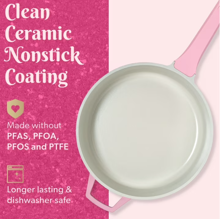Paris Hilton 4 Quart Ceramic Nonstick Jumbo Cooking Pan Skillet for Sauteing & Frying with Heart Shaped Lid Knobs, Pink