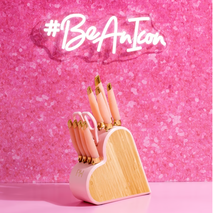 Paris Hilton 10-Piece Stainless Steel Kitchen Knife Set with Heart-Shaped Block, Pink
