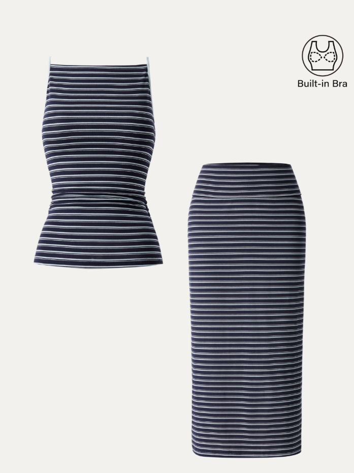 2Pcs Set Striped Spaghetti Bra Top & Low Rise Striped Midi Skirt