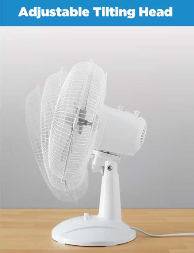 Mainstays 12-Inch Table Fan with Adjustable 3-Speed Settings and Oscillation, White, FT30-8MBWV