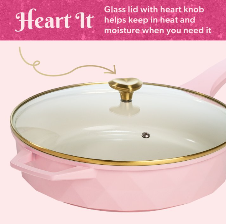 Paris Hilton 4 Quart Ceramic Nonstick Jumbo Cooking Pan Skillet for Sauteing & Frying with Heart Shaped Lid Knobs, Pink
