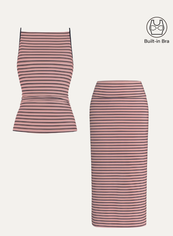 2Pcs Set Striped Spaghetti Bra Top & Low Rise Striped Midi Skirt