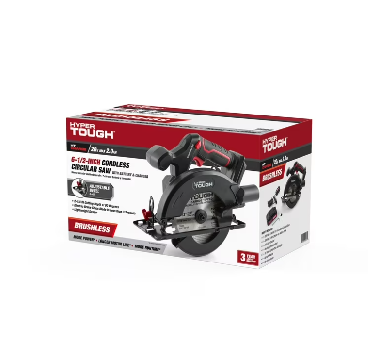 Hyper Tough 20V 6.5in. Brushless Circular saw, with 2.0Ah Battery Pack and Standard Charger, 41007.2