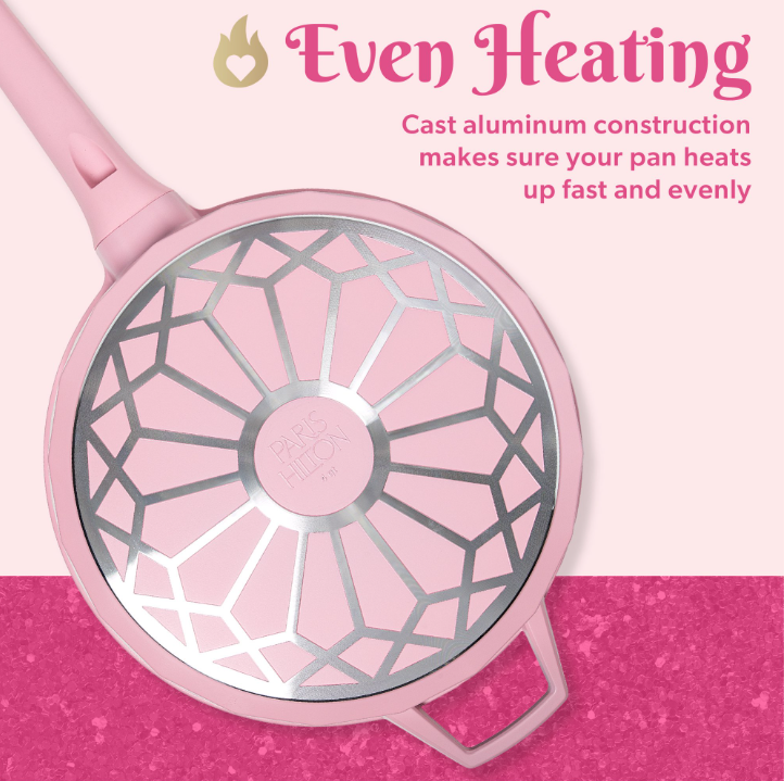 Paris Hilton 4 Quart Ceramic Nonstick Jumbo Cooking Pan Skillet for Sauteing & Frying with Heart Shaped Lid Knobs, Pink