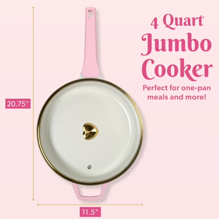 Paris Hilton 4 Quart Ceramic Nonstick Jumbo Cooking Pan Skillet for Sauteing & Frying with Heart Shaped Lid Knobs, Pink