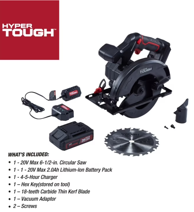 Hyper Tough 20V 6.5in. Brushless Circular saw, with 2.0Ah Battery Pack and Standard Charger, 41007.2