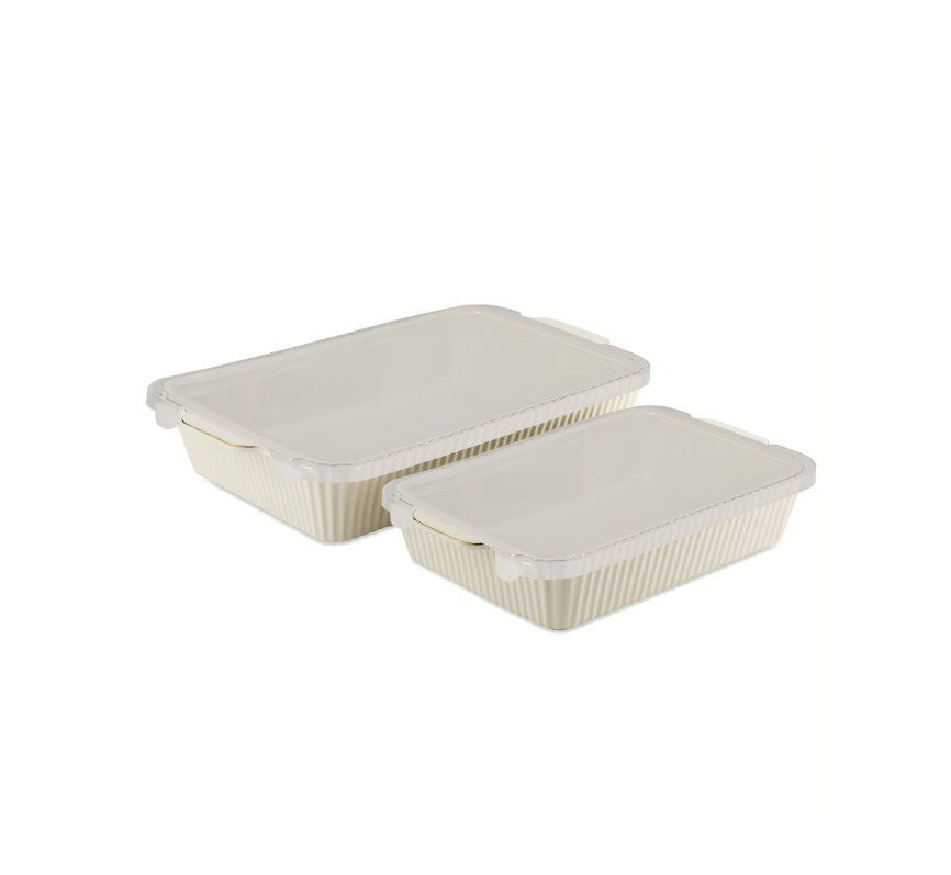 Thyme & Table 4-Piece Stoneware Casserole Dish Bakeware Set, Includes Lids, 9"x13" , 7"x10" Bakers With Lids , White Ribbed