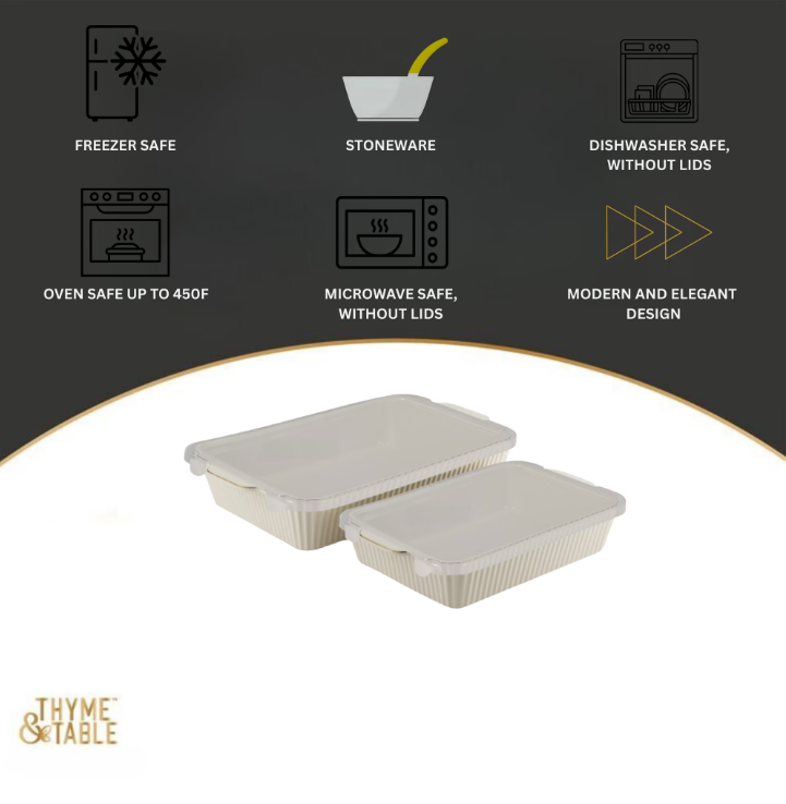 Thyme & Table 4-Piece Stoneware Casserole Dish Bakeware Set, Includes Lids, 9"x13" , 7"x10" Bakers With Lids , White Ribbed