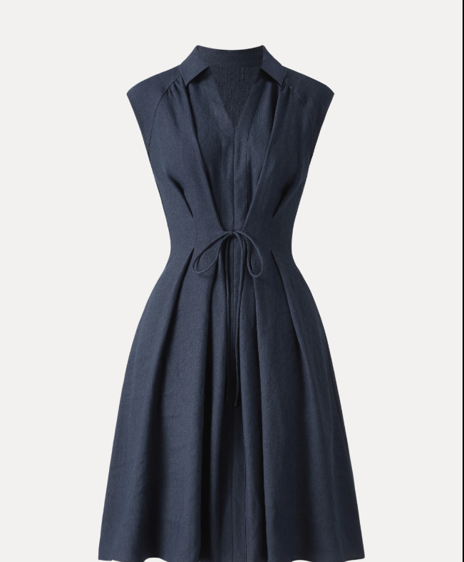 Viscose-Linen Collared V-neck Midi Dress with Drawstring