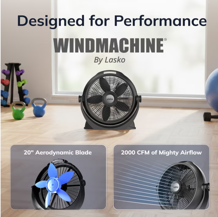 Lasko WindMachine 20" Large Floor Fan with Pivoting Head for Whole Room Cooling, Portable Indoor 3-Speed Air Circulator, Black, A20305
