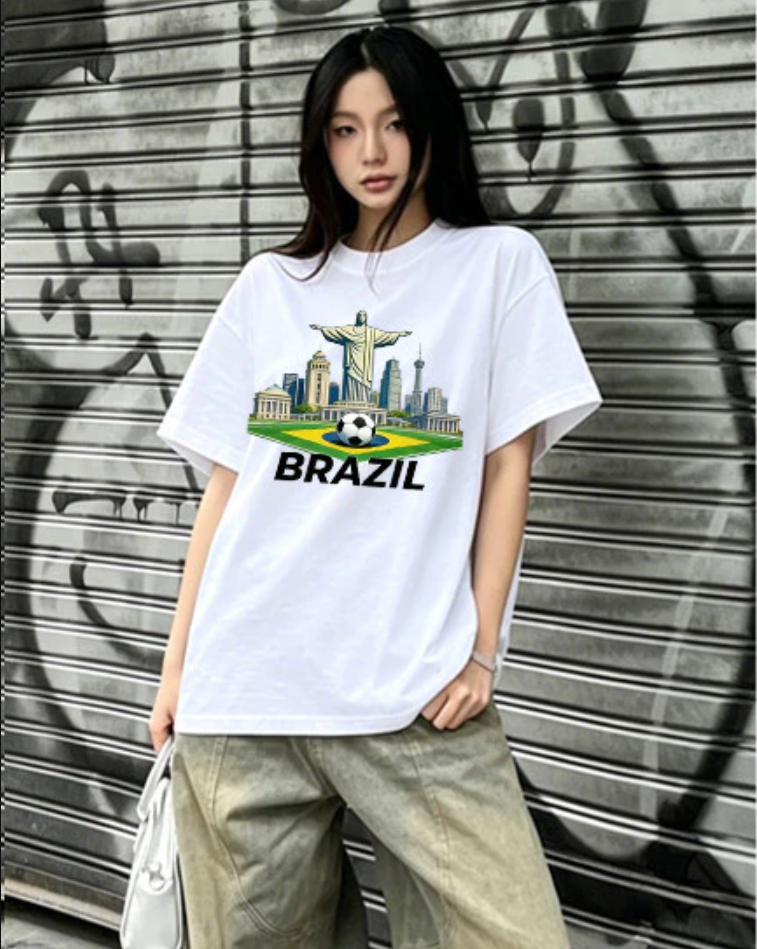 Street style in World Cup Brazil 2026, breathable T-shirt.
