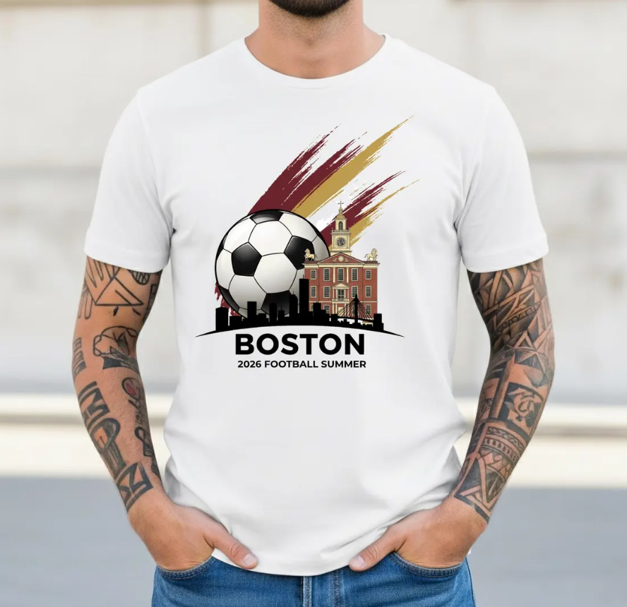 Boston 2026 Soccer T-Shirt | Historic Boston City Fan Tee | Old State House Skyline Tournament Shirt | Massachusetts Soccer Gift for Fans
