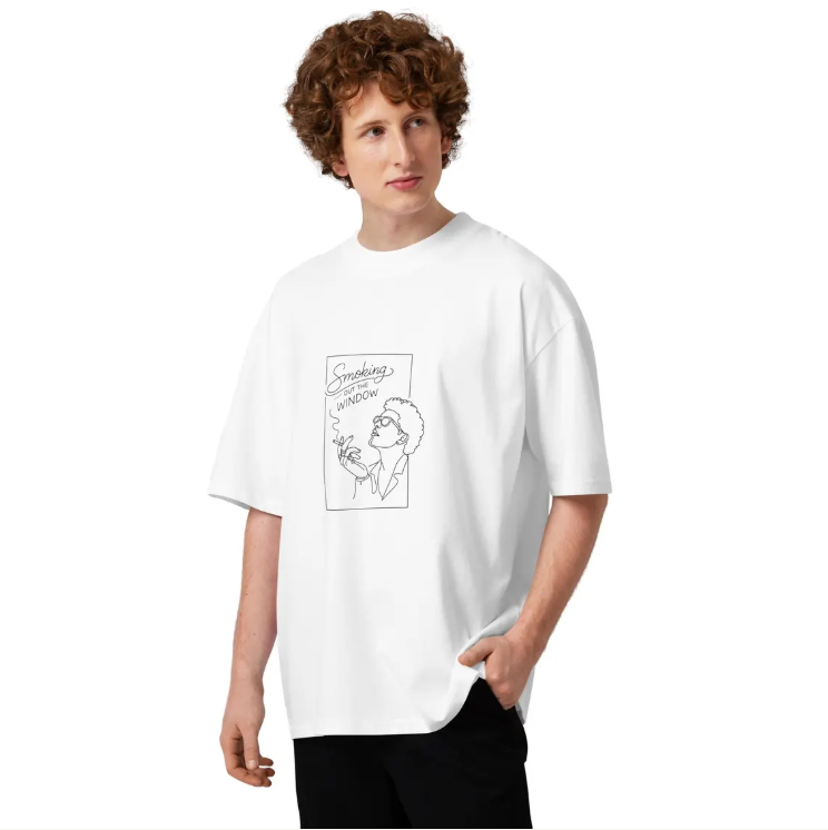 Smoking Out the Window Graphic T-Shirt – Oversized Organic Cotton Streetwear Tee – Minimal Line Art Shirt – Unisex Limited Edition