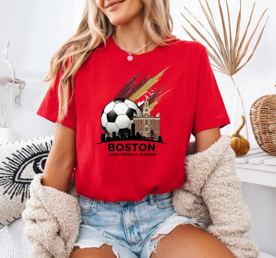 Boston 2026 Soccer T-Shirt | Historic Boston City Fan Tee | Old State House Skyline Tournament Shirt | Massachusetts Soccer Gift for Fans