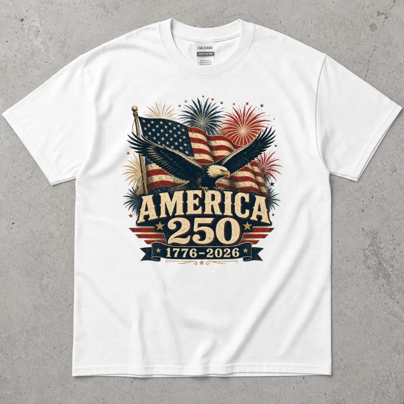 America 250th Anniversary T-shirt Patriotic Fourth of July Shirt Vintage Eagle USA Flag Fireworks Birthday Gift for Veterans Independence Da