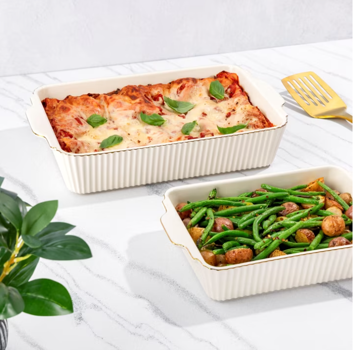 Thyme & Table 4-Piece Stoneware Casserole Dish Bakeware Set, Includes Lids, 9"x13" , 7"x10" Bakers With Lids , White Ribbed