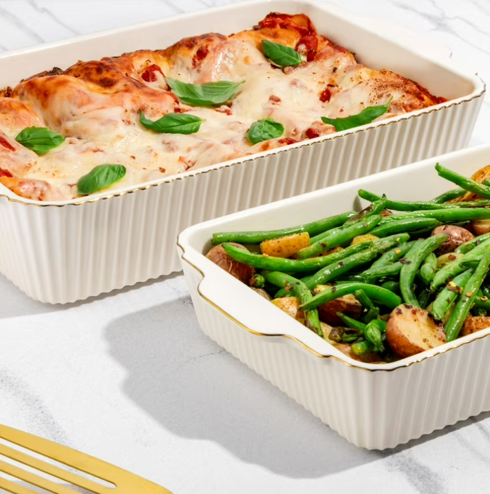 Thyme & Table 4-Piece Stoneware Casserole Dish Bakeware Set, Includes Lids, 9"x13" , 7"x10" Bakers With Lids , White Ribbed