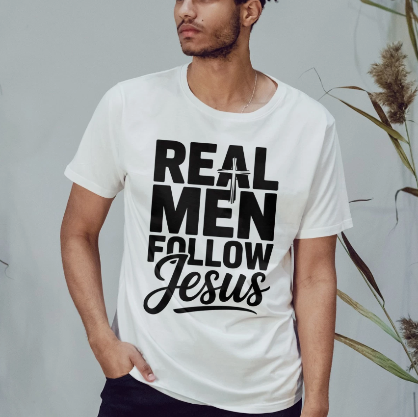 Real Men Follow Jesus Mens T-Shirt Christian Men Fathers Day Gift For Him