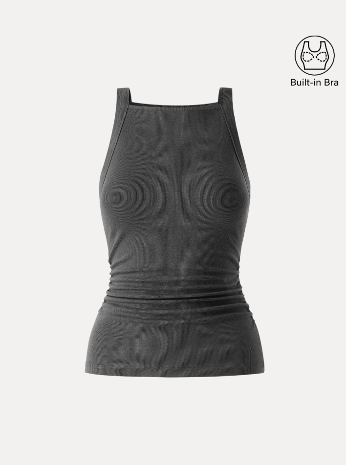 Plantive Chic Square Neck Ruched Rib Bra Tank