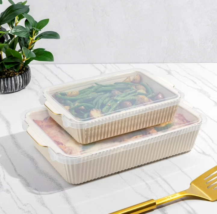 Thyme & Table 4-Piece Stoneware Casserole Dish Bakeware Set, Includes Lids, 9"x13" , 7"x10" Bakers With Lids , White Ribbed