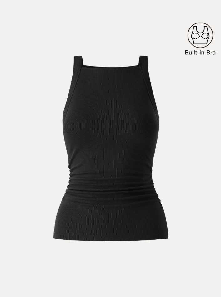 Plantive Chic Square Neck Ruched Rib Bra Tank