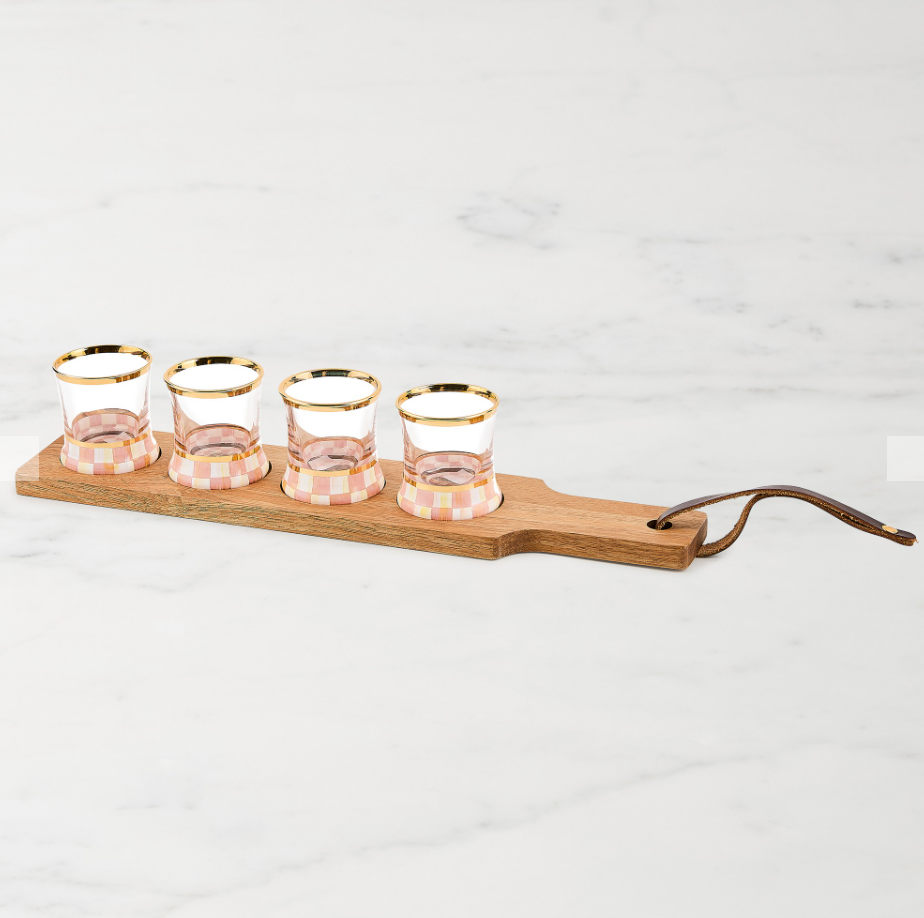 MacKenzie-Childs Pink Courtly Check Shot Glass Flight Board, Set of 4