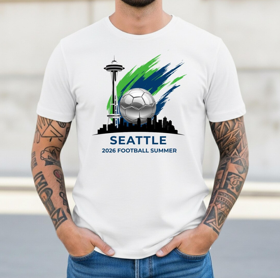 Seattle 2026 Soccer T-Shirt | Emerald City Football Fan Tee | Space Needle Skyline Tournament Shirt | Pacific Northwest Soccer Gift for Fans