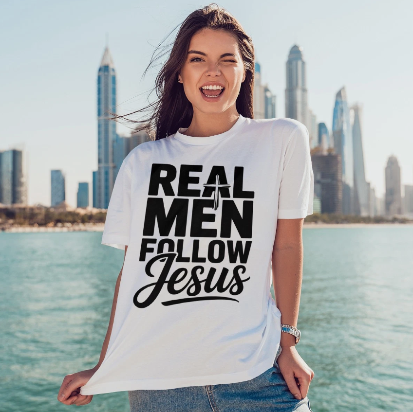 Real Men Follow Jesus Mens T-Shirt Christian Men Fathers Day Gift For Him