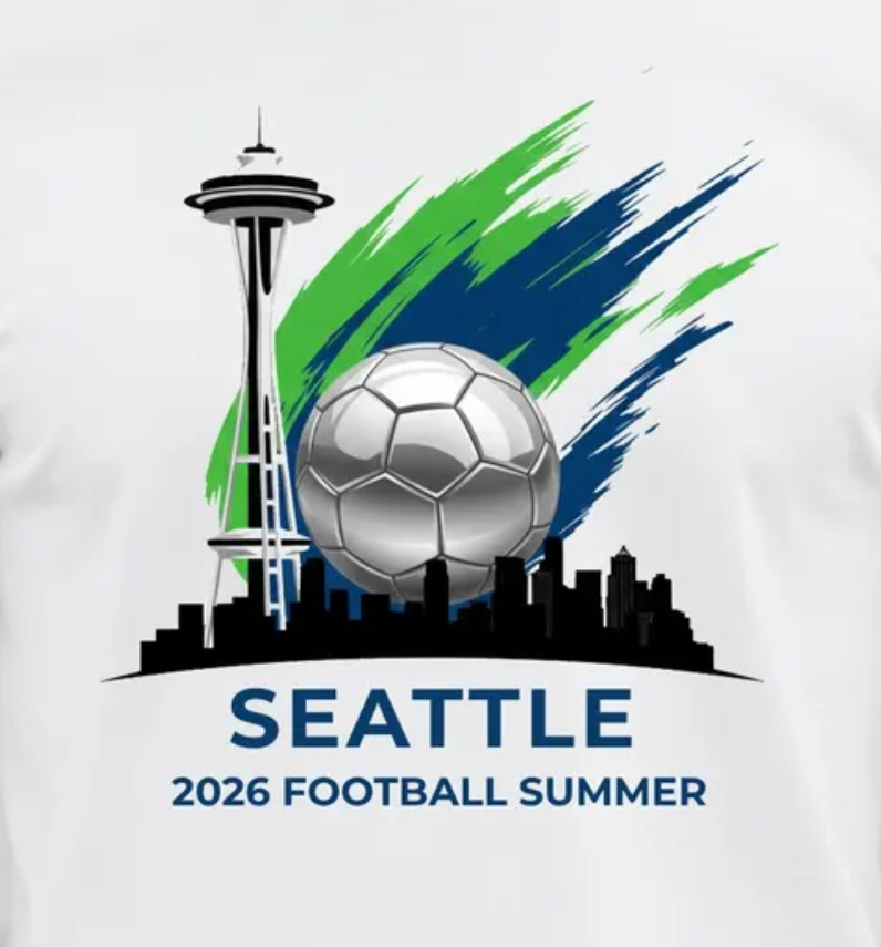 Seattle 2026 Soccer T-Shirt | Emerald City Football Fan Tee | Space Needle Skyline Tournament Shirt | Pacific Northwest Soccer Gift for Fans