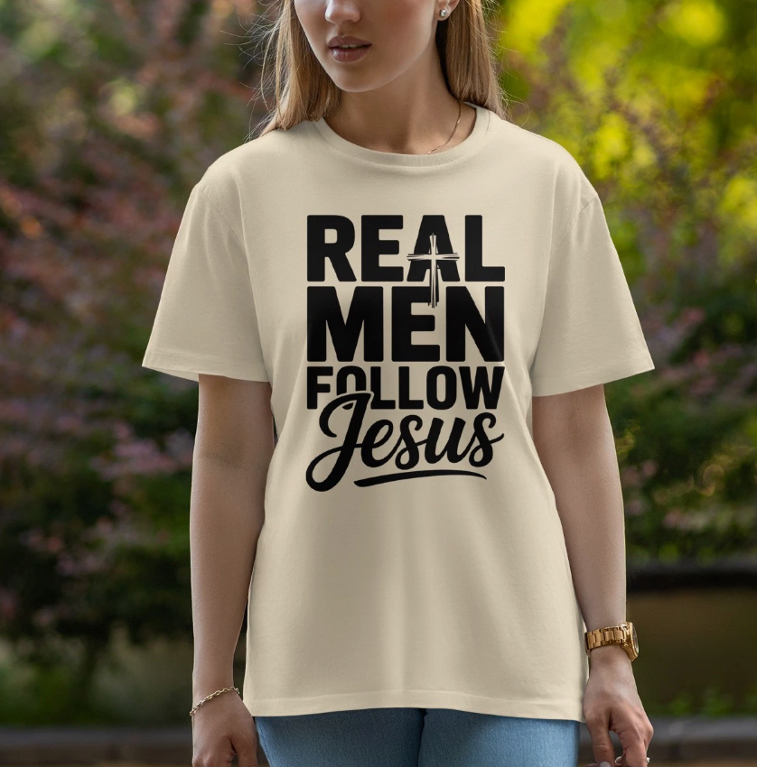 Real Men Follow Jesus Mens T-Shirt Christian Men Fathers Day Gift For Him