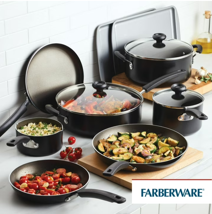 Farberware Easy Clean 22 Pcs Nonstick Cookware Set Includes Griddle Pan and Cooking Tools, Dishwasher Safe, Black