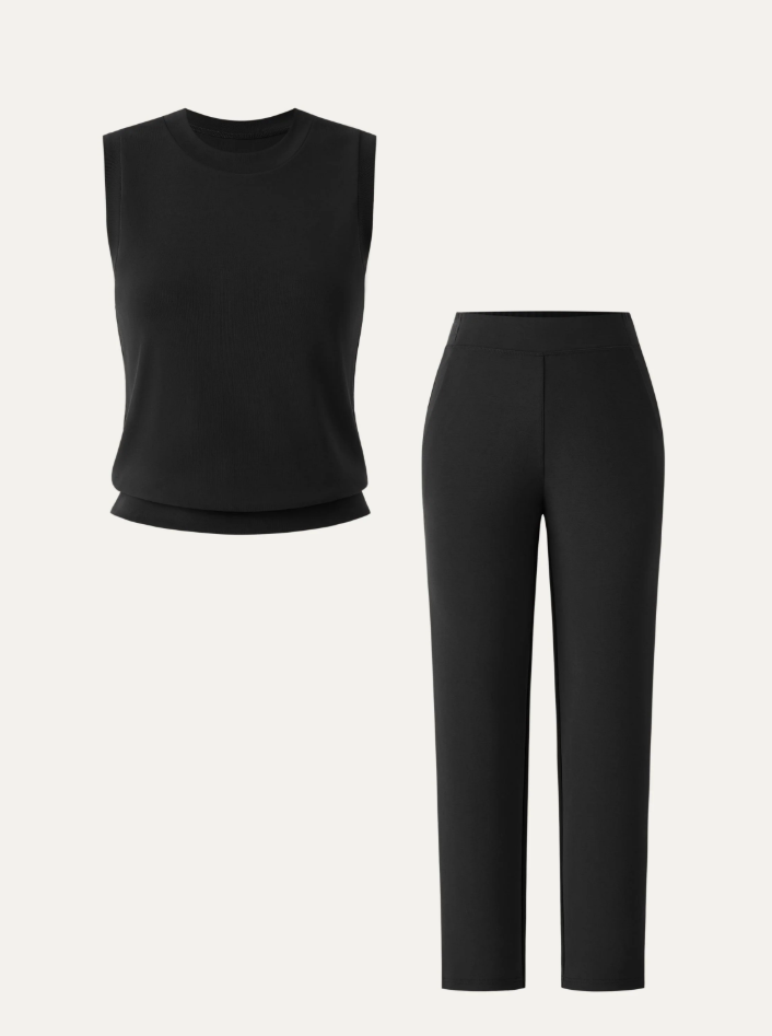 2Pcs Set Crewneck Tee & Mid Rise Tapered with Pockets