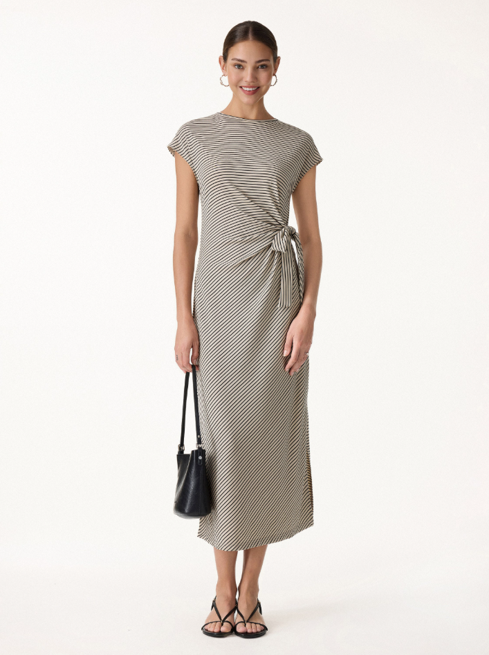 Striped Relaxed Midi Dress with Self-Tie