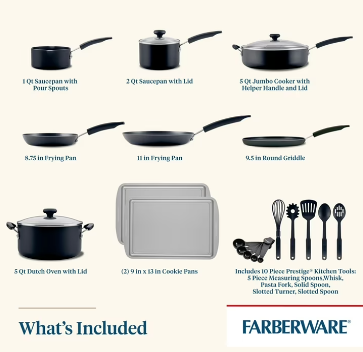 Farberware Easy Clean 22 Pcs Nonstick Cookware Set Includes Griddle Pan and Cooking Tools, Dishwasher Safe, Black