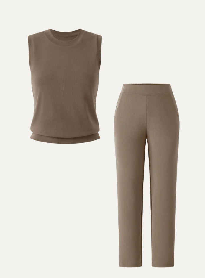 2Pcs Set Crewneck Tee & Mid Rise Tapered with Pockets