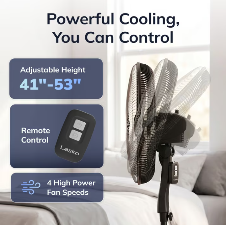 Lasko Cyclone Max 18" Oscillating Pedestal Fan with Remote, Adjustable Height and 4 Speeds for Whole Room Cooling, Black, S18605