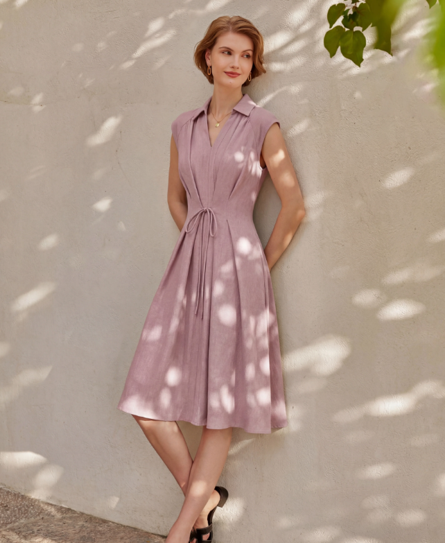 Viscose-Linen Collared V-neck Midi Dress with Drawstring