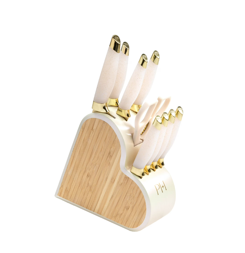 Paris Hilton Kitchen Knife Set with Heart-Shaped Block, 10-Piece Set, White Iridescent