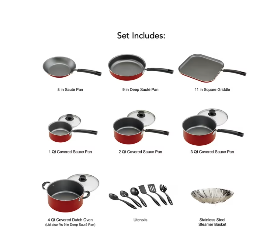 Tramontina Primaware 18 Piece Non-stick Cookware Set, Red