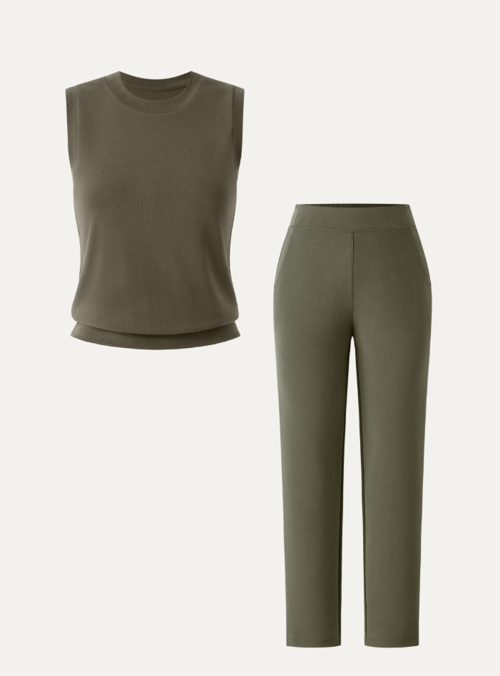 2Pcs Set Crewneck Tee & Mid Rise Tapered with Pockets