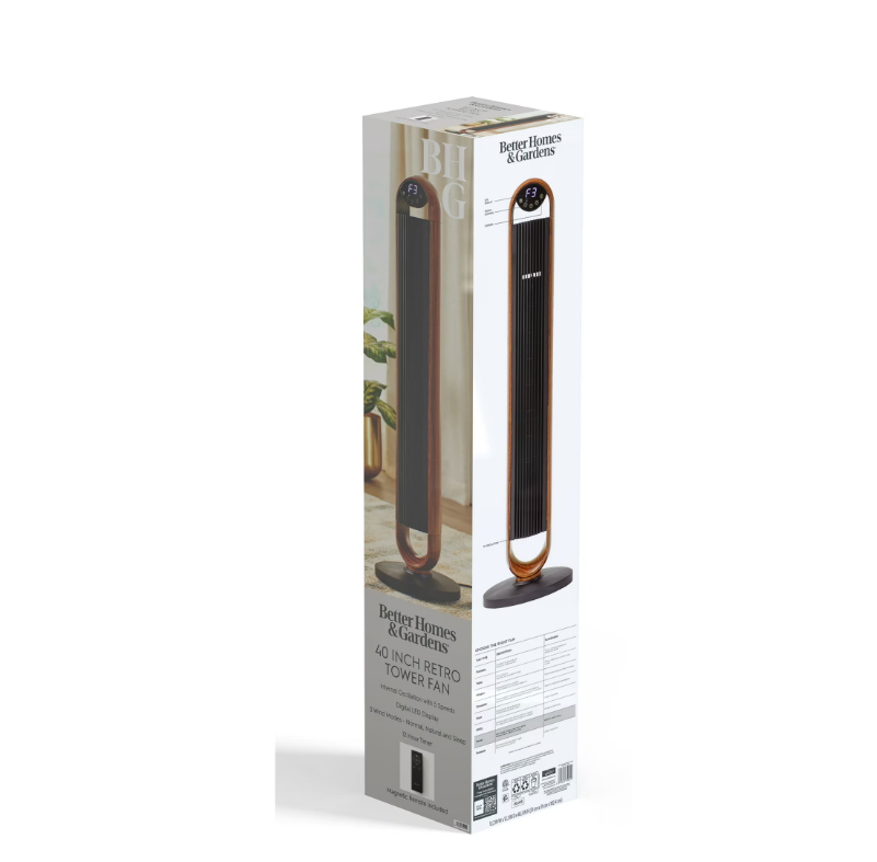 Better Homes & Gardens 40'' 5-Speed Oscillating Tower Fan with Remote Control, 3 Wind Modes, 12H Timer, Walnut & Black