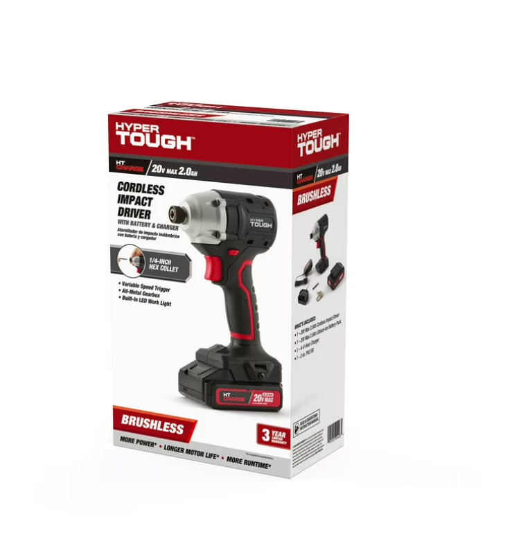 Hyper Tough 20V Brushless Impact Driver with 2.0Ah Lithium-Ion Battery Pack and Charger, 1/4-inch. Hex Collet Chuck Size, 22006.2