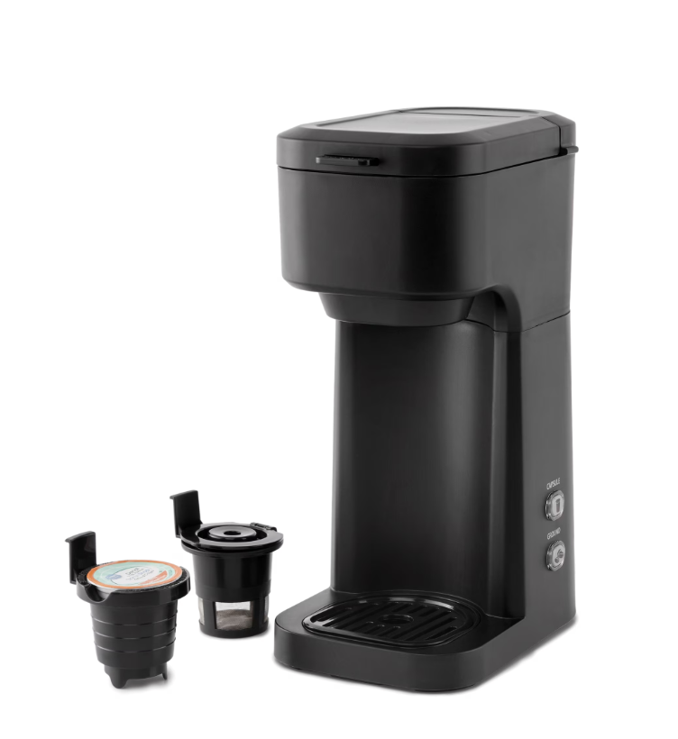 Mainstays Black Matte Dual Brew Coffee Maker, Single Serve, Auto Shutoff, 14 oz Reservoir