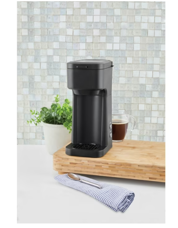 Mainstays Black Matte Dual Brew Coffee Maker, Single Serve, Auto Shutoff, 14 oz Reservoir