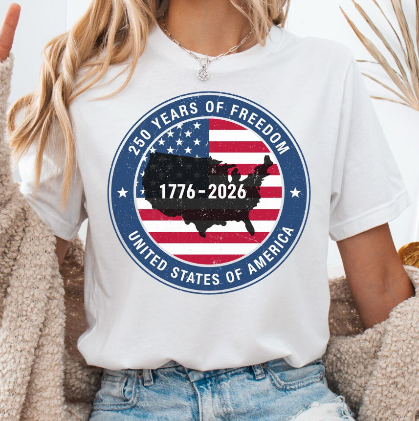 250 Years Of Freedom 1776 2026 United States Of America T-Shirt 4th Of July Shirt, 250th Birthday USA Flag American Patriotic Tee Gift