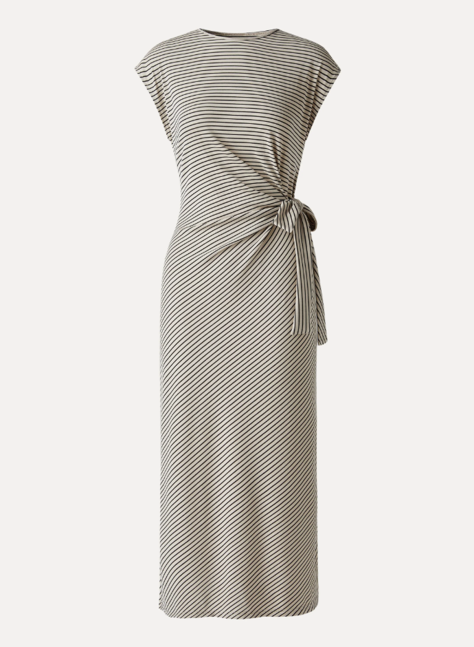 Striped Relaxed Midi Dress with Self-Tie