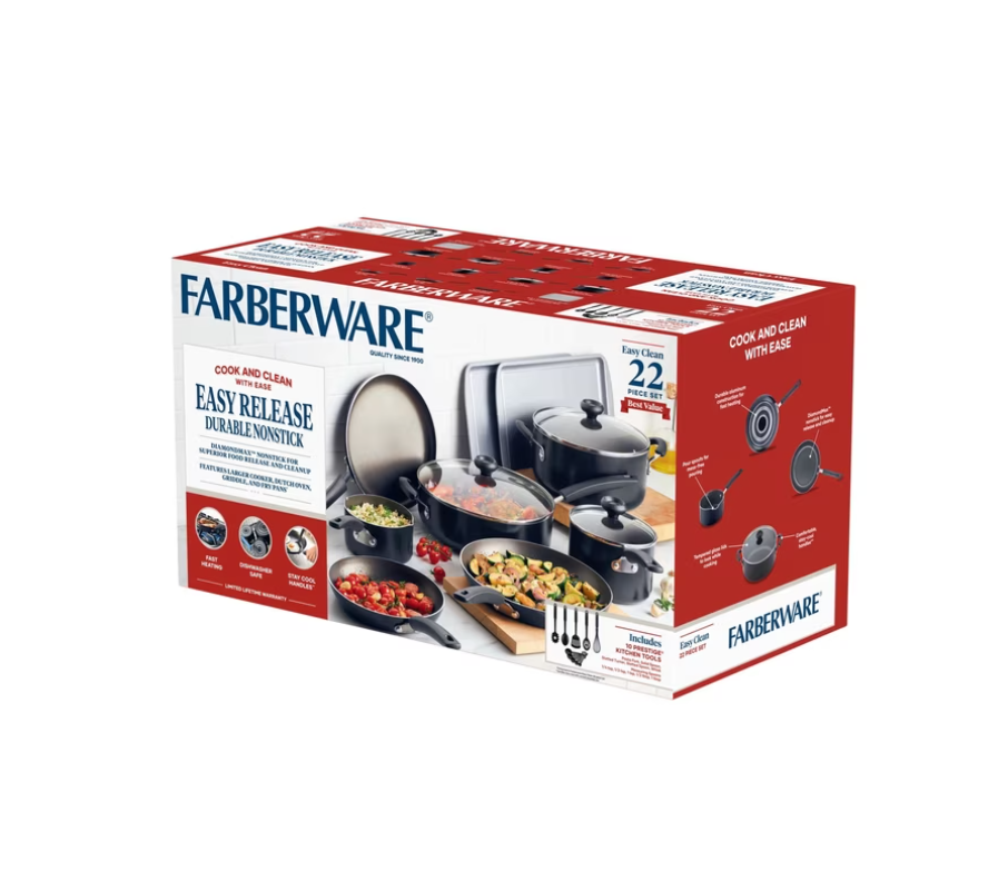Farberware Easy Clean 22 Pcs Nonstick Cookware Set Includes Griddle Pan and Cooking Tools, Dishwasher Safe, Black