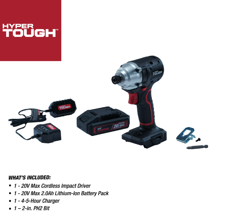 Hyper Tough 20V Brushless Impact Driver with 2.0Ah Lithium-Ion Battery Pack and Charger, 1/4-inch. Hex Collet Chuck Size, 22006.2